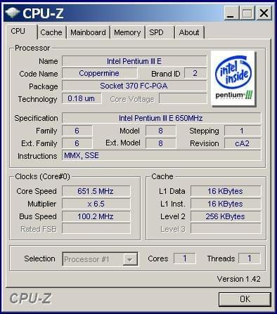 Pentium 3 650MHz CPUz