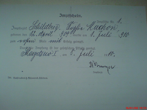 Świadectwo szczepienia mamy z 8.07.1910 r.