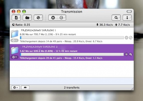 Okno klienta torrent - Transmission na Mac Os X