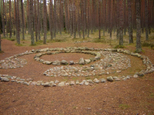 Kamienne kręgi w Grzybnicy, widoczne na tle drzew energetyczne kule.